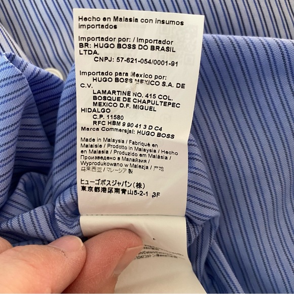 Boss Hugo Boss Mens Sharp Fit Blue Pinstripe Button Front Dress Shirt 17L 34/35 - Picture 11 of 15